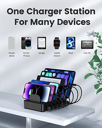 CREATIVE DESIGN 50W 6 Ports Multi Charger Station with 6 Charging Cables, USB Charging Dock for Multiple Devices, Compatible with Cellphone iPad Kindle Tablet and Other Electronic Devices - Image 4