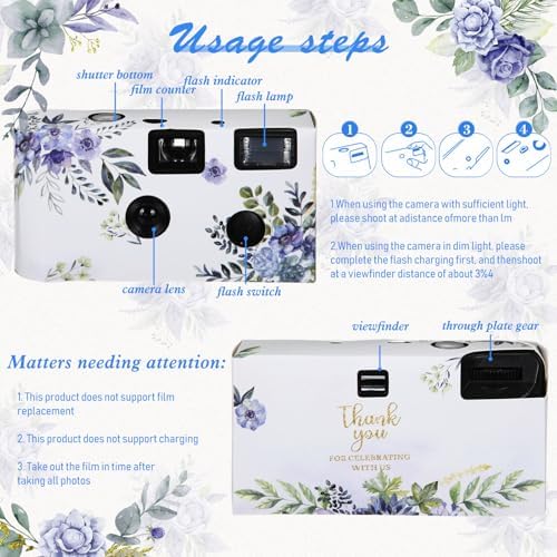 Kanayu 10 Pack Disposable Camera for Wedding Floral 35mm Single Use Film Camera with Flash One Time Use Camera for Anniversary Concert Travel Camp Party Supply Gift Honeymoon(Blue Poppy) - Image 3