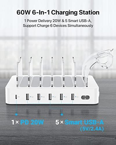 SooPii 60W 6-Port Charging Station for Multiple Devices, PD 20W USB C Fast Charging for lPhone 14/13/12,6 Short Cables Included, 2 in 1 Holder,for Phones,Tablets and Others,White - Image 2