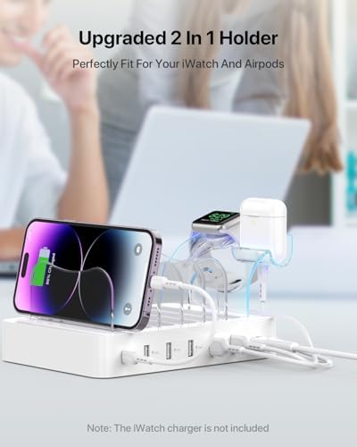 SooPii 60W 6-Port Charging Station for Multiple Devices, PD 20W USB C Fast Charging for lPhone 14/13/12,6 Short Cables Included, 2 in 1 Holder,for Phones,Tablets and Others,White - Image 6