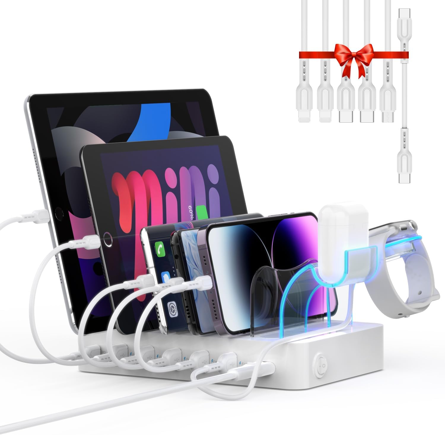 SooPii 60W 6-Port Charging Station for Multiple Devices, PD 20W USB C Fast Charging for lPhone 14/13/12,6 Short Cables Included, 2 in 1 Holder,for Phones,Tablets and Others,White - Image 9